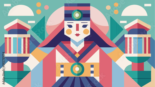 Geometric portrait of traditional korean woman in hanbok with stylized architecture, colorful symmetry and cultural heritage, flat vector illustration