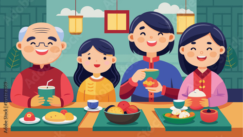 Happy asian family enjoying traditional dinner together at home, smiling grandparents and children with festive food and tea, flat vector illustration