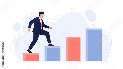 Businessman climbing bar graph steps for career growth and success concept