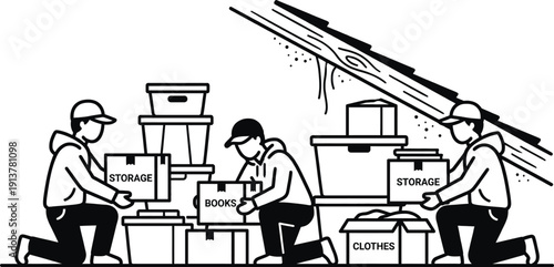 Storage box organization in attic with sorting cardboard containers