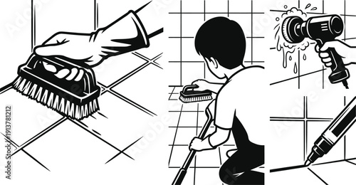 Tile scrubbing and grout cleaning vector for home maintenance
