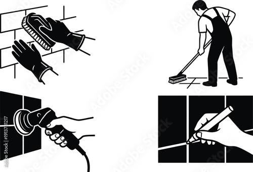 Tile scrubbing and grout cleaning vector for home maintenance