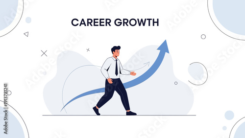 Businessman climbing career growth arrow, concept of success and ambition