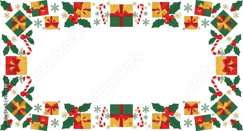Festive holiday border with gift boxes, holly, and snowflakes surrounding a blank white space