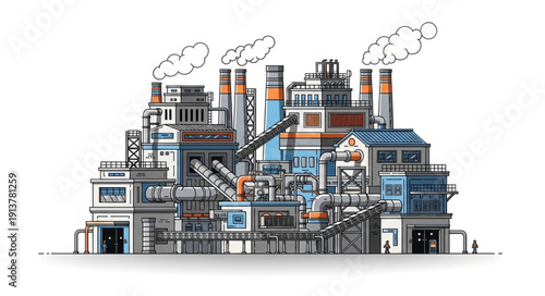 Industrial Factory Complex with Smoking Chimneys and Pipes.