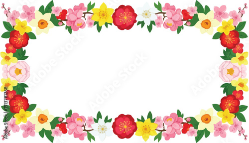 Floral frame with colorful flowers and leaves surrounding a blank space, viewed from directly above