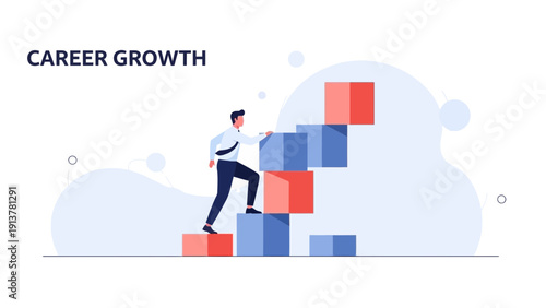 Businessman climbing stairs made of blocks, symbolizing career growth and success