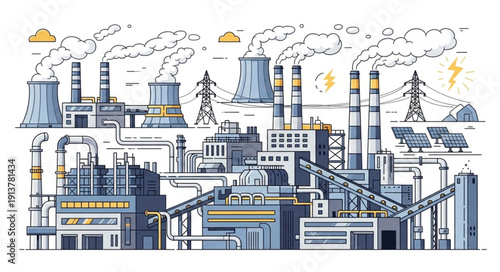 Industrial factory complex with smoking chimneys and power lines.