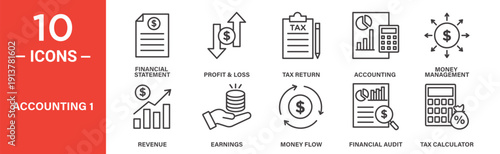 Accounting icon set, accounting vector symbol in black filled and outlined style.