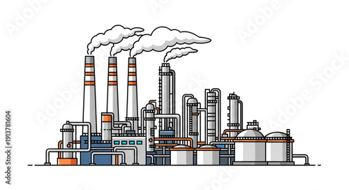 Industrial Factory Complex with Smoking Chimneys and Storage Tanks.