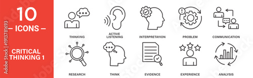 Critical thinking icon set, critical thinking vector symbol in black filled and outlined style.
