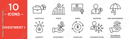Investment portfolio and financial growth icon set, stock bond investor and risk management vector symbols in black filled and outlined style