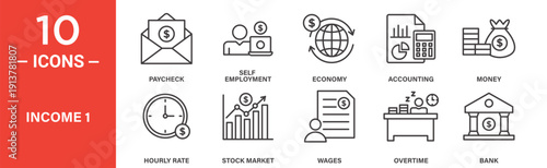 Income and finance business icon set, salary earnings and economy vector symbols in black filled and outlined style