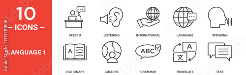 Language communication and translation icon set, speech listening grammar and dictionary vector symbols in black filled and outlined style