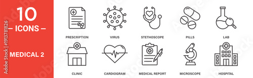 Medical diagnosis icon set, prescription virus stethoscope and hospital healthcare vector symbols in black filled and outlined style