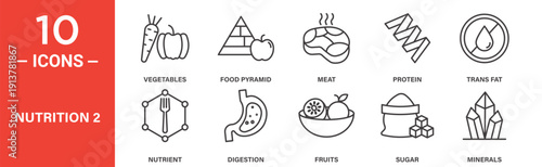 Nutrition and healthy food icon set, vegetables protein digestion and minerals vector symbols in black filled and outlined style