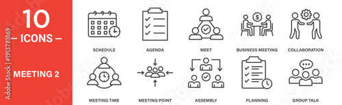 Meeting planning icon set, business meeting schedule agenda and collaboration vector symbols in black filled and outlined style