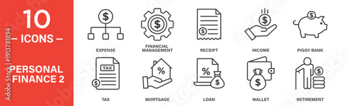 Personal finance icon set, personal finance vector symbols in black filled and outlined style