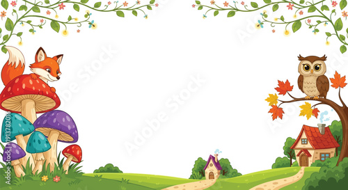 Whimsical forest scene with owl, fox, mushrooms, and cottage in a fantasy landscape illustration