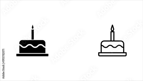 Birthday Cake Icon with Candle – Outline and Solid Style.