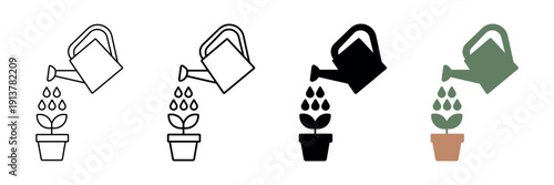 Set of minimalist watering plant icons with transparent background, depicting plant care, growth, nature, ecology, and development, vector illustration
