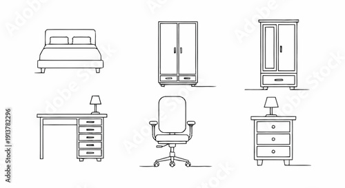 Line drawings of modern furniture including bed, wardrobe, dresser, desk, and office chair with lamp on a minimalist background from a straightforward viewpoint