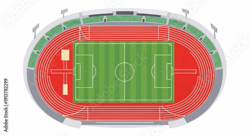 Aerial view of a stadium with a soccer field and running track