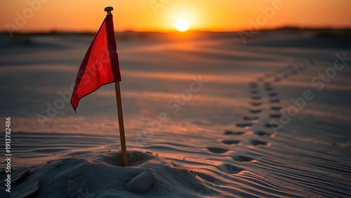  Broken flagpole in sandy ground with retreating footprints, sunset symbolic of surrender. inspiring travel planning.