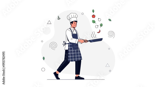 Chef Cooking Food in Pan with Flying Ingredients, Flat Illustration Style