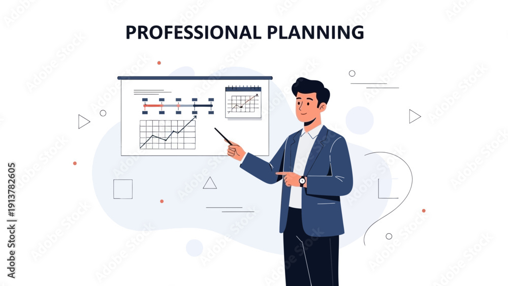 Fototapeta premium Businessman presenting professional planning with charts and graphs on a whiteboard