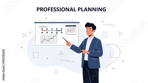 Businessman presenting professional planning with charts and graphs on a whiteboard