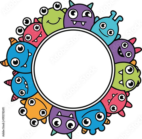 Cartoon monsters surrounding a circular frame, diverse colors and expressions, playful illustration, whimsical scene, digital artwork, front view