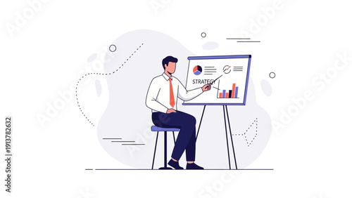 Businessman presenting strategy on whiteboard with charts and diagrams