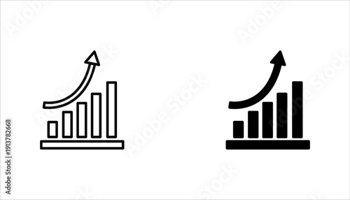 Statistics icon with rising bars and curved upward arrow in outline and solid glyph format. Minimal black and white vector isolated on gray background. Suitable for financial growth, performance.