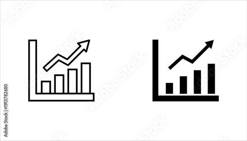 Business growth chart icon featuring bar graph with upward arrow in outline and solid glyph style. Black and white vector isolated on light gray background. Ideal for finance, startup, marketing.