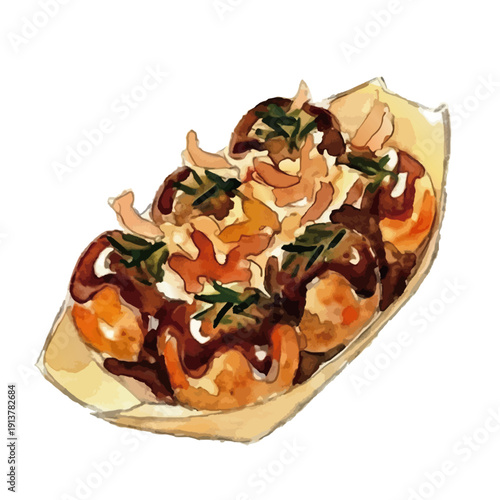 Watercolor-style powdered goods illustration／粉物・たこ焼き