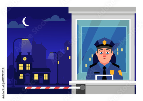Lonely night security guard on duty at checkpoint gate, a sad vector illustration depicting solitude and overnight work, highlighting emotional labor