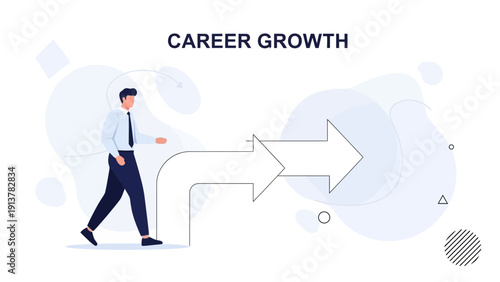 Businessman walking towards career growth arrow metaphor