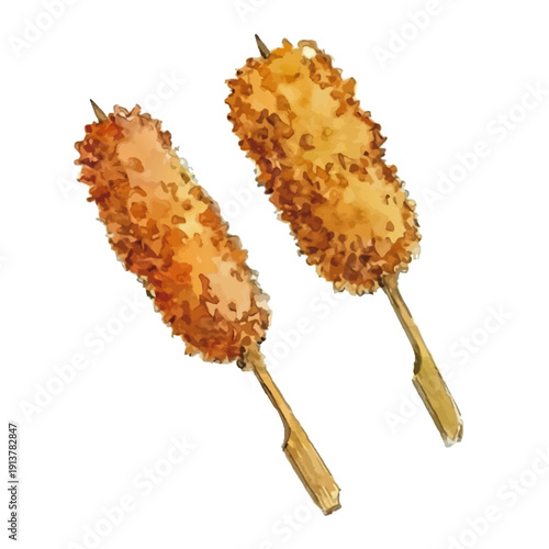 Watercolor-style powdered goods illustration／粉物・串カツ