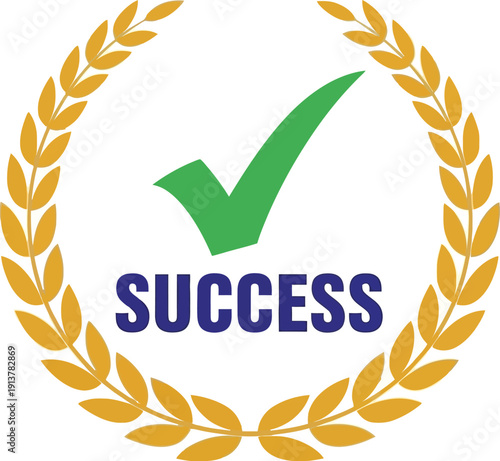 Golden laurel wreath with green checkmark and success text in blue, symbolizing achievement and excellence in a circular emblem.