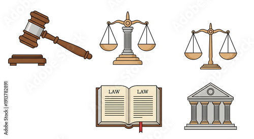 Vector illustration of legal and justice symbols gavel, scales, law book, and court building facade