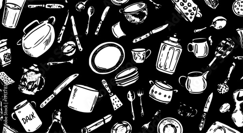 Whimsical Kitchenware Pattern: A Hand-Drawn Collage of Utensils and Cookware