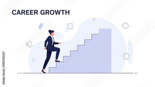 Businesswoman climbing stairs for career growth, ambition, success, and professional development