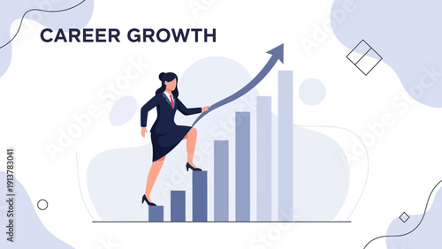 Businesswoman climbing career growth graph, upward trend, success concept illustration