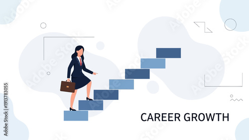 Businesswoman climbing stairs, career growth concept, professional success, vector illustration