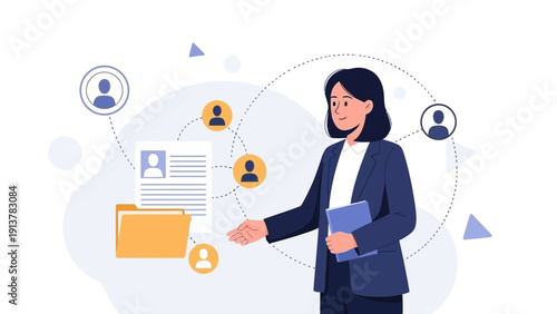 Businesswoman managing team network, HR, recruitment, connections, strategy, planning