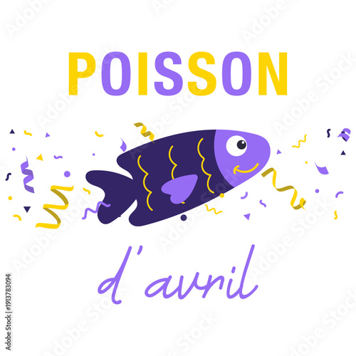 Illustration carrée minimaliste pour le 1er avril avec poisson stylisé et confettis sur fond clair. Idéal pour carte humoristique, affiche festive ou publication réseaux sociaux.