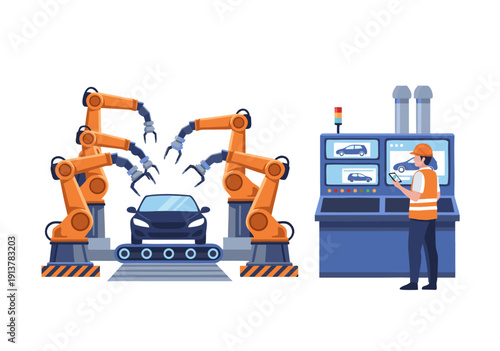 Automated car assembly line with robotic arms and human control, a modern manufacturing process vector illustration showcasing industry 4.0 technology and efficiency