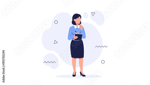 Businesswoman Thinking with Notebook and Pen, Decision Making, Strategy Planning