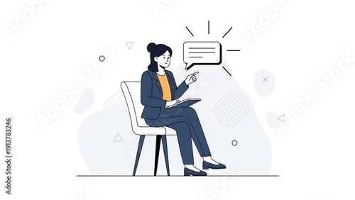 Businesswoman Sitting on Chair, Talking and Using Tablet, Speech Bubble